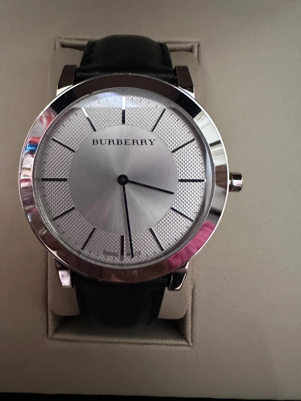 Burberry Unisex Silver Dial Black Leather Watch